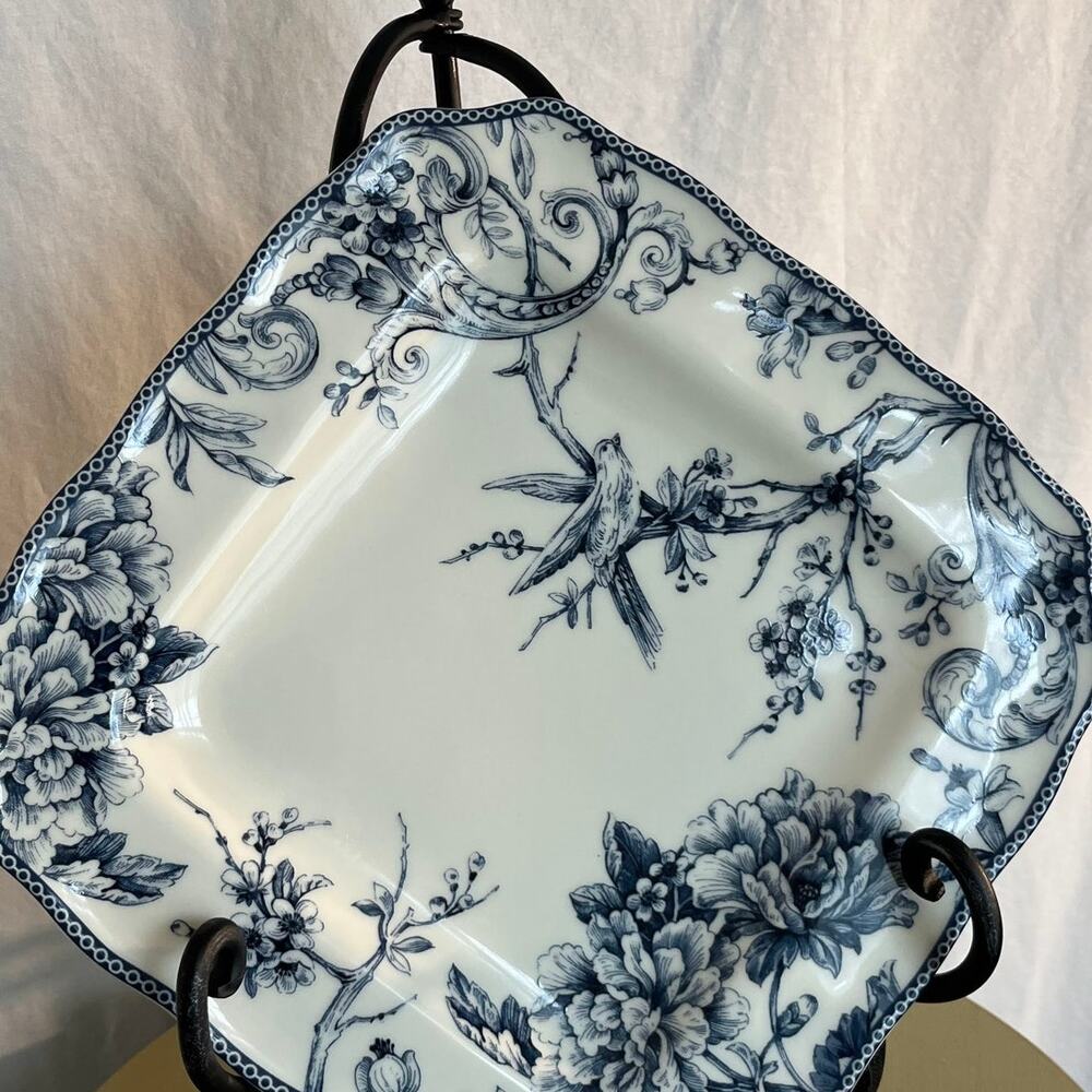 Vintage Blue and White Porcelain Square Serving Platter Floral Bird Chintz Tray